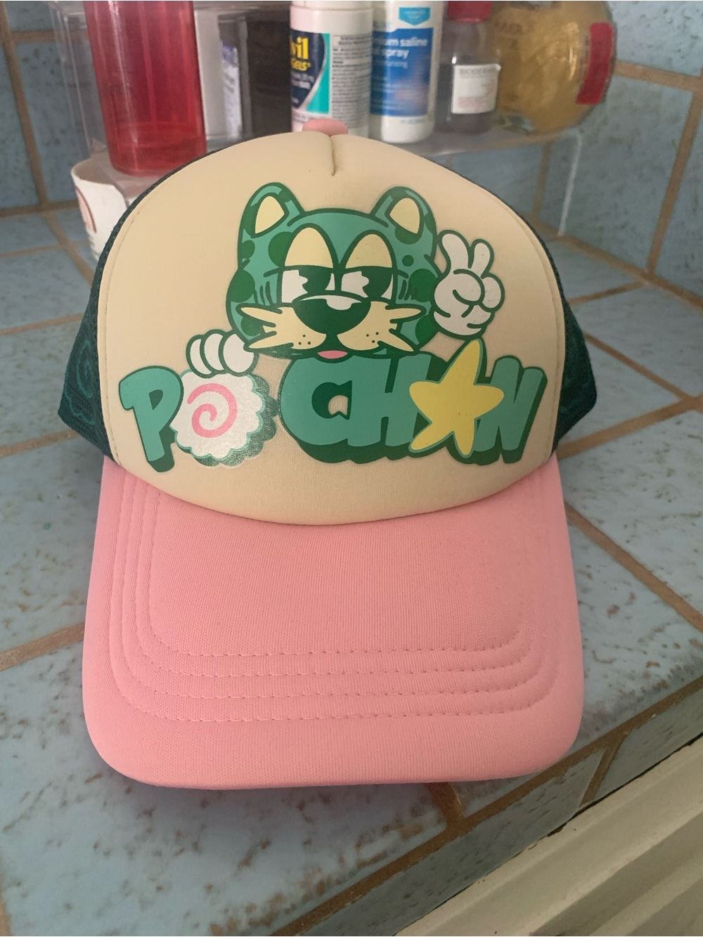 pochan Cartoon Graphic Trucker Hat in Pink, Cream & Green